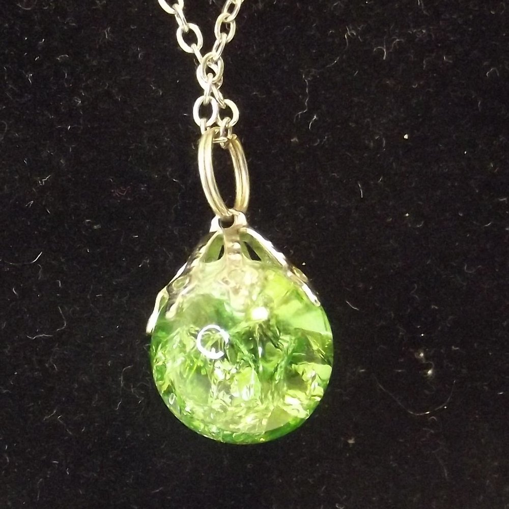 Green Crackle Glass Pendant necklace Silver tone chain